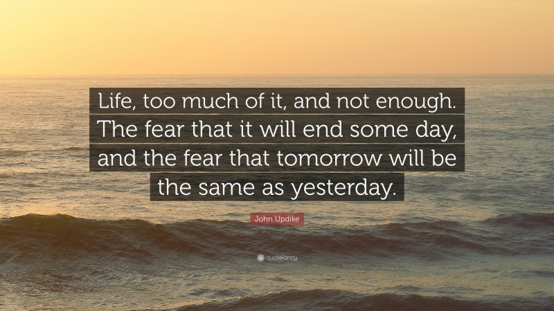 John Updike Quote: “Life, too much of it, and not enough. The fear that it will end some day, and the fear that tomorrow will be the same as yesterday.”