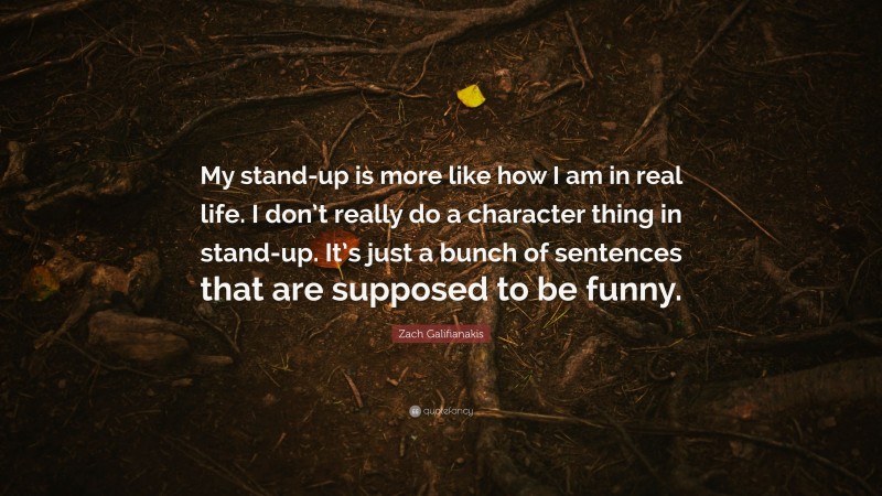 Zach Galifianakis Quote: “My stand-up is more like how I am in real life. I don’t really do a character thing in stand-up. It’s just a bunch of sentences that are supposed to be funny.”