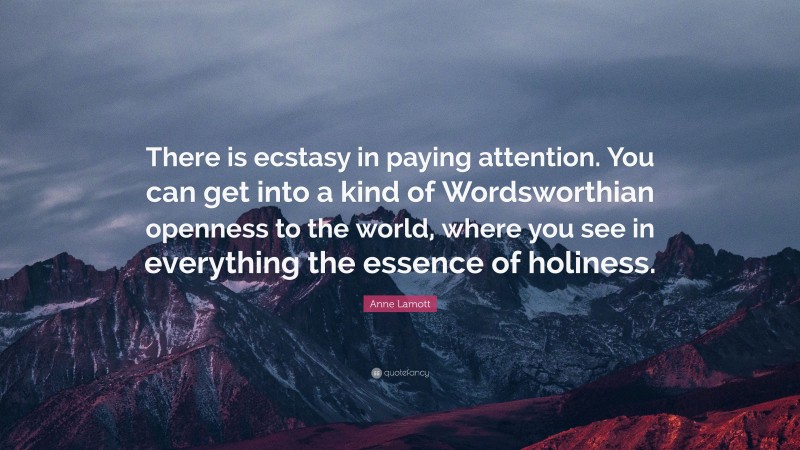Anne Lamott Quote: “There is ecstasy in paying attention. You can get into a kind of Wordsworthian openness to the world, where you see in everything the essence of holiness.”