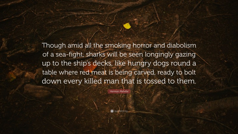 Herman Melville Quote: “Though amid all the smoking horror and diabolism of a sea-fight, sharks will be seen longingly gazing up to the ship’s decks, like hungry dogs round a table where red meat is being carved, ready to bolt down every killed man that is tossed to them.”