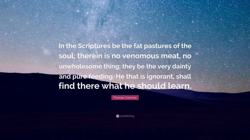 Thomas Cranmer Quote: “In the Scriptures be the fat pastures of the soul; therein is no venomous meat, no unwholesome thing; they be the very dainty and pure feeding. He that is ignorant, shall find there what he should learn.”