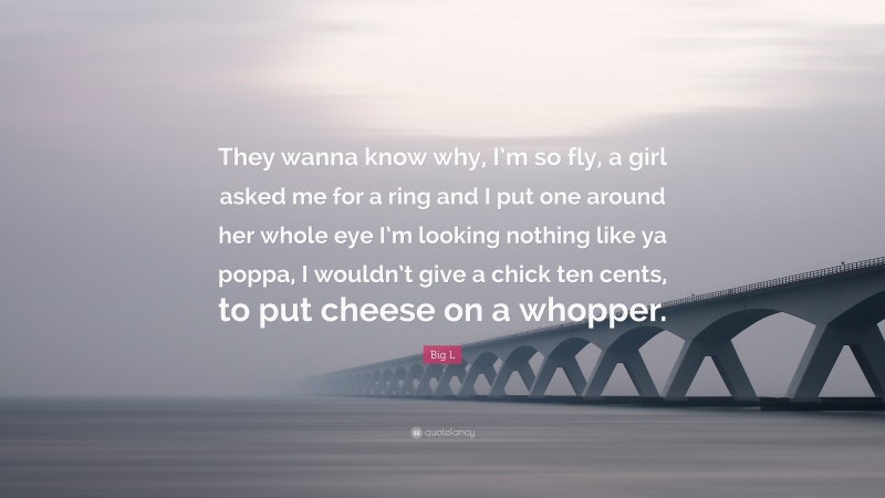 Big L Quote: “They wanna know why, I’m so fly, a girl asked me for a ring and I put one around her whole eye I’m looking nothing like ya poppa, I wouldn’t give a chick ten cents, to put cheese on a whopper.”