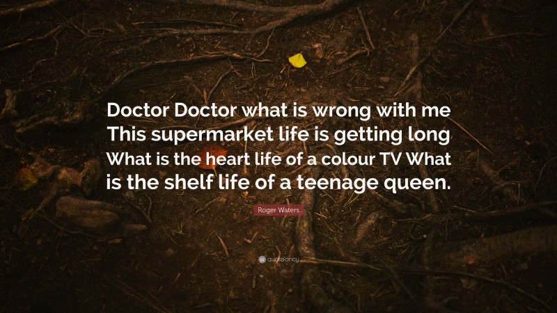 Roger Waters Quote: “Doctor Doctor what is wrong with me This supermarket life is getting long What is the heart life of a colour TV What is the shelf life of a teenage queen.”