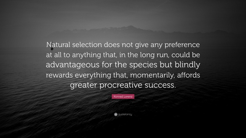 Konrad Lorenz Quote: “Natural selection does not give any preference at all to anything that, in the long run, could be advantageous for the species but blindly rewards everything that, momentarily, affords greater procreative success.”