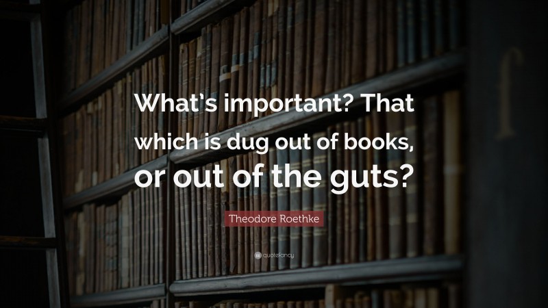Theodore Roethke Quote: “What’s important? That which is dug out of books, or out of the guts?”