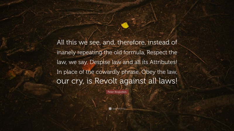Peter Kropotkin Quote: “All this we see, and, therefore, instead of inanely repeating the old formula, Respect the law, we say, Despise law and all its Attributes! In place of the cowardly phrase, Obey the law, our cry, is Revolt against all laws!”