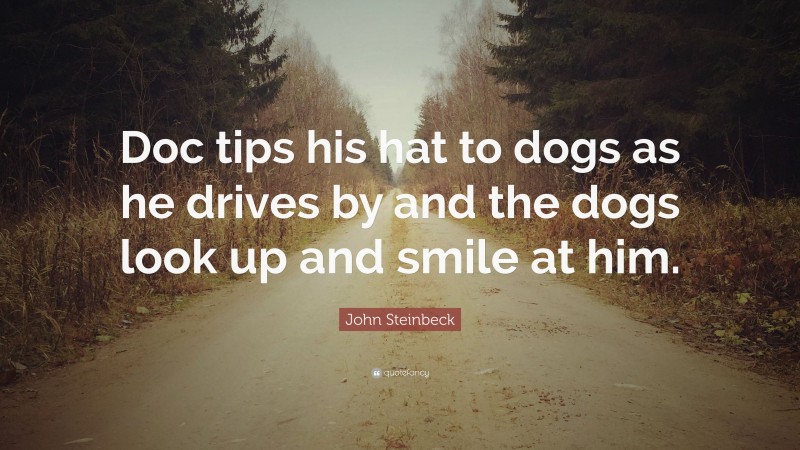 John Steinbeck Quote: “Doc tips his hat to dogs as he drives by and the dogs look up and smile at him.”