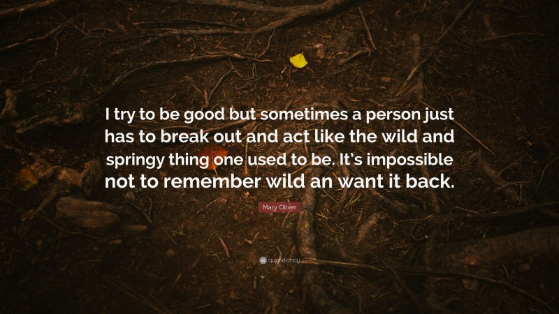 Mary Oliver Quote: “I try to be good but sometimes a person just has to break out and act like the wild and springy thing one used to be. It’s impossible not to remember wild an want it back.”