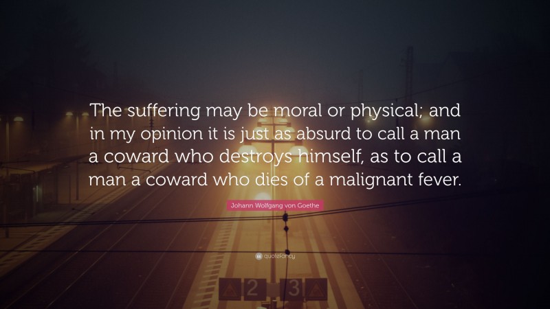 Johann Wolfgang von Goethe Quote: “The suffering may be moral or physical; and in my opinion it is just as absurd to call a man a coward who destroys himself, as to call a man a coward who dies of a malignant fever.”