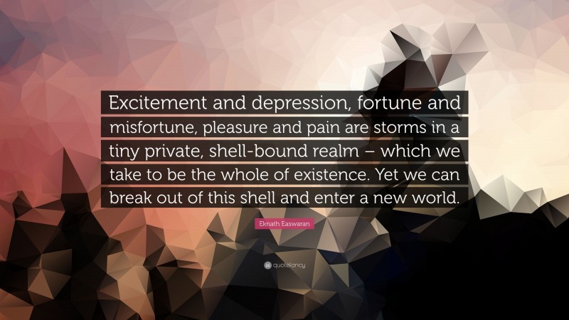 Eknath Easwaran Quote: “Excitement and depression, fortune and misfortune, pleasure and pain are storms in a tiny private, shell-bound realm – which we take to be the whole of existence. Yet we can break out of this shell and enter a new world.”