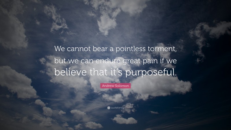 Andrew Solomon Quote: “We cannot bear a pointless torment, but we can endure great pain if we believe that it’s purposeful.”