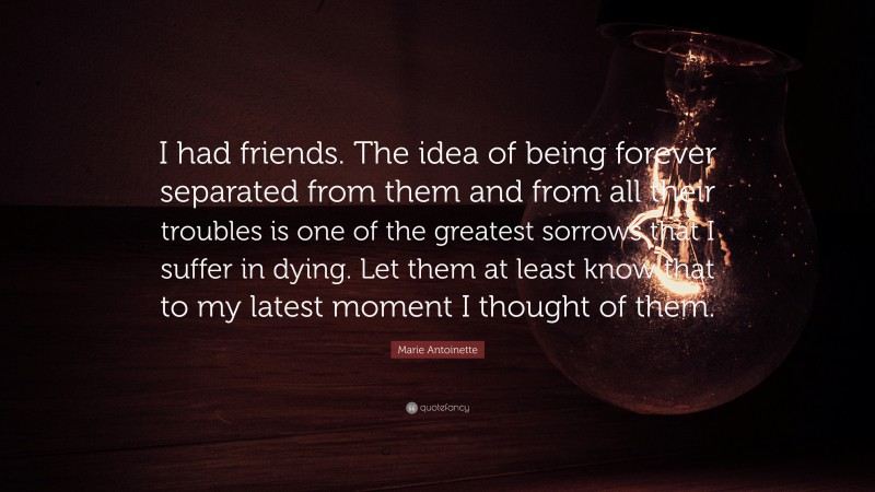 Marie Antoinette Quote: “I had friends. The idea of being forever separated from them and from all their troubles is one of the greatest sorrows that I suffer in dying. Let them at least know that to my latest moment I thought of them.”