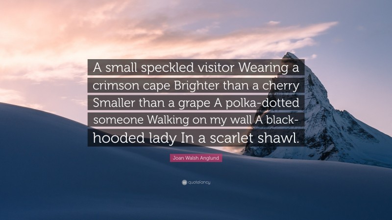 Joan Walsh Anglund Quote: “A small speckled visitor Wearing a crimson cape Brighter than a cherry Smaller than a grape A polka-dotted someone Walking on my wall A black-hooded lady In a scarlet shawl.”