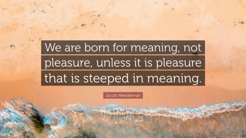 Jacob Needleman Quote: “We are born for meaning, not pleasure, unless it is pleasure that is steeped in meaning.”