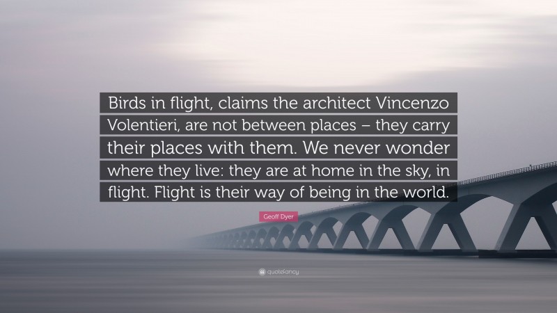 Geoff Dyer Quote: “Birds in flight, claims the architect Vincenzo Volentieri, are not between places – they carry their places with them. We never wonder where they live: they are at home in the sky, in flight. Flight is their way of being in the world.”
