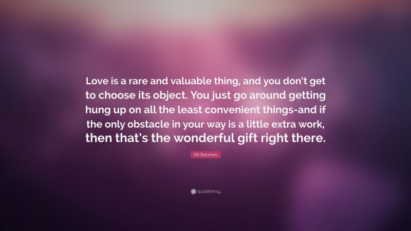 Elif Batuman Quote: “Love is a rare and valuable thing, and you don’t get to choose its object. You just go around getting hung up on all the least convenient things-and if the only obstacle in your way is a little extra work, then that’s the wonderful gift right there.”