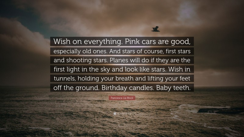 Francesca Lia Block Quote: “Wish on everything. Pink cars are good, especially old ones. And stars of course, first stars and shooting stars. Planes will do if they are the first light in the sky and look like stars. Wish in tunnels, holding your breath and lifting your feet off the ground. Birthday candles. Baby teeth.”