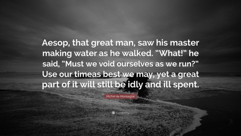 Michel de Montaigne Quote: “Aesop, that great man, saw his master making water as he walked. “What!” he said, “Must we void ourselves as we run?” Use our timeas best we may, yet a great part of it will still be idly and ill spent.”
