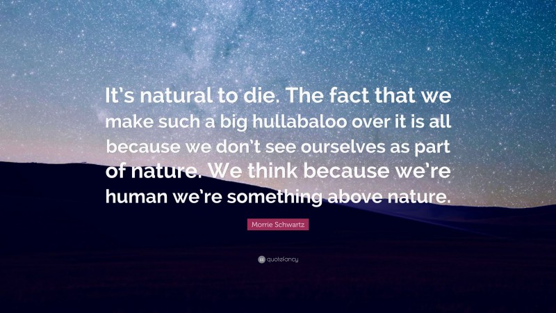 Morrie Schwartz Quote: “It’s natural to die. The fact that we make such a big hullabaloo over it is all because we don’t see ourselves as part of nature. We think because we’re human we’re something above nature.”