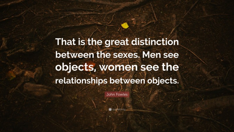 John Fowles Quote: “That is the great distinction between the sexes. Men see objects, women see the relationships between objects.”