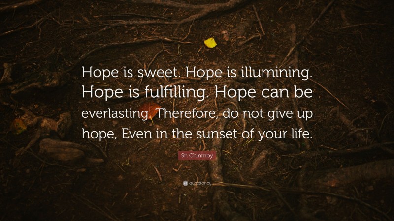 Sri Chinmoy Quote: “Hope is sweet. Hope is illumining. Hope is fulfilling. Hope can be everlasting. Therefore, do not give up hope, Even in the sunset of your life.”