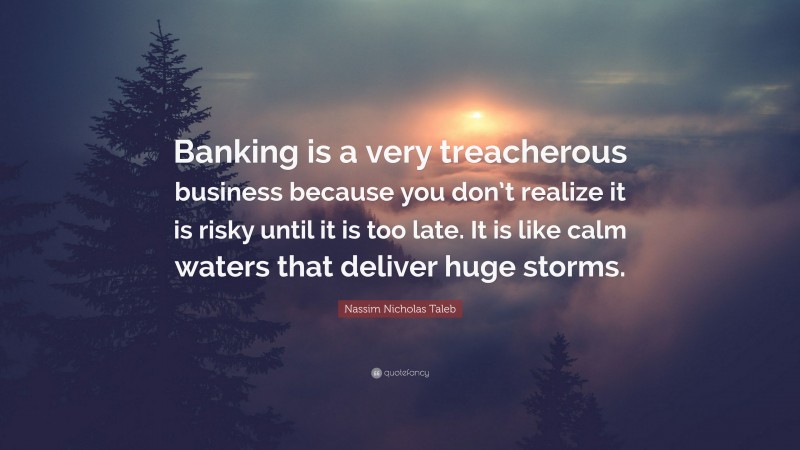 Nassim Nicholas Taleb Quote: “Banking is a very treacherous business because you don’t realize it is risky until it is too late. It is like calm waters that deliver huge storms.”