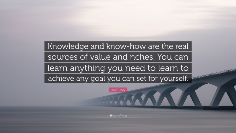 Brian Tracy Quote: “Knowledge and know-how are the real sources of value and riches. You can learn anything you need to learn to achieve any goal you can set for yourself.”