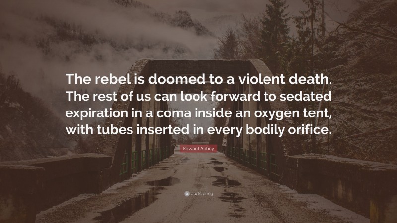 Edward Abbey Quote: “The rebel is doomed to a violent death. The rest of us can look forward to sedated expiration in a coma inside an oxygen tent, with tubes inserted in every bodily orifice.”