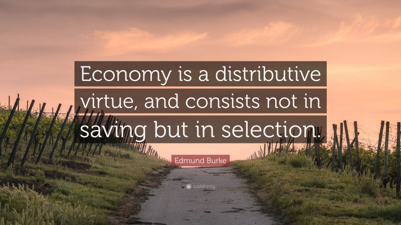 Edmund Burke Quote: “Economy is a distributive virtue, and consists not in saving but in selection.”
