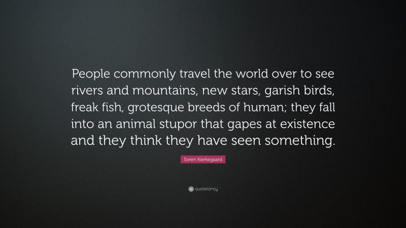 Soren Kierkegaard Quote: “People commonly travel the world over to see rivers and mountains, new stars, garish birds, freak fish, grotesque breeds of human; they fall into an animal stupor that gapes at existence and they think they have seen something.”