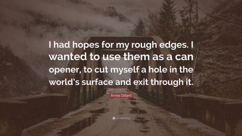 Annie Dillard Quote: “I had hopes for my rough edges. I wanted to use them as a can opener, to cut myself a hole in the world’s surface and exit through it.”