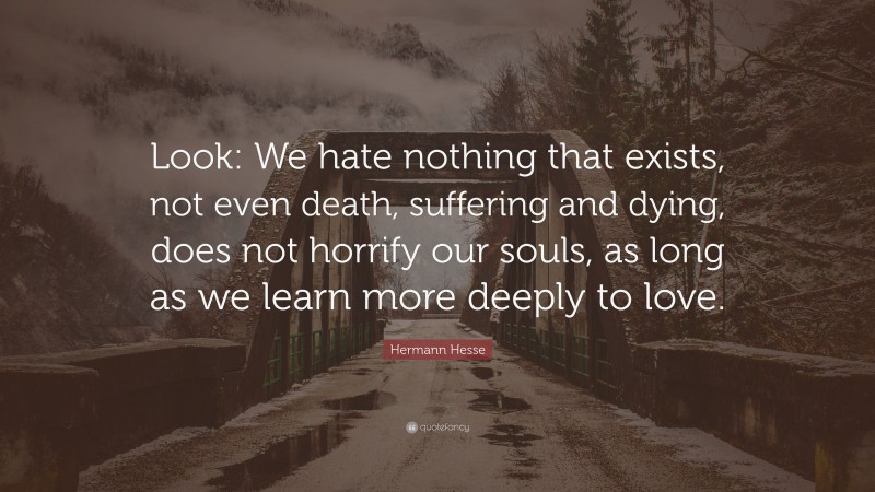 Hermann Hesse Quote: “Look: We hate nothing that exists, not even death, suffering and dying, does not horrify our souls, as long as we learn more deeply to love.”