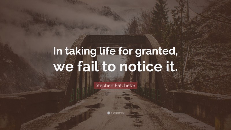 Stephen Batchelor Quote: “In taking life for granted, we fail to notice it.”