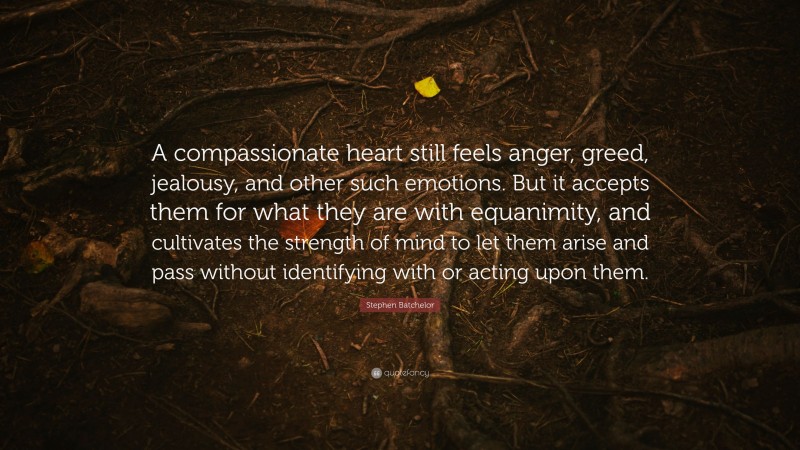 Stephen Batchelor Quote: “A compassionate heart still feels anger, greed, jealousy, and other such emotions. But it accepts them for what they are with equanimity, and cultivates the strength of mind to let them arise and pass without identifying with or acting upon them.”