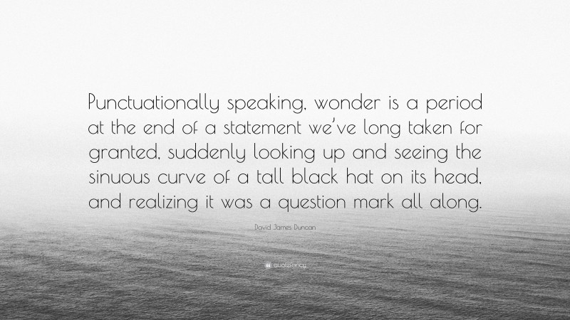 David James Duncan Quote: “Punctuationally speaking, wonder is a period at the end of a statement we’ve long taken for granted, suddenly looking up and seeing the sinuous curve of a tall black hat on its head, and realizing it was a question mark all along.”