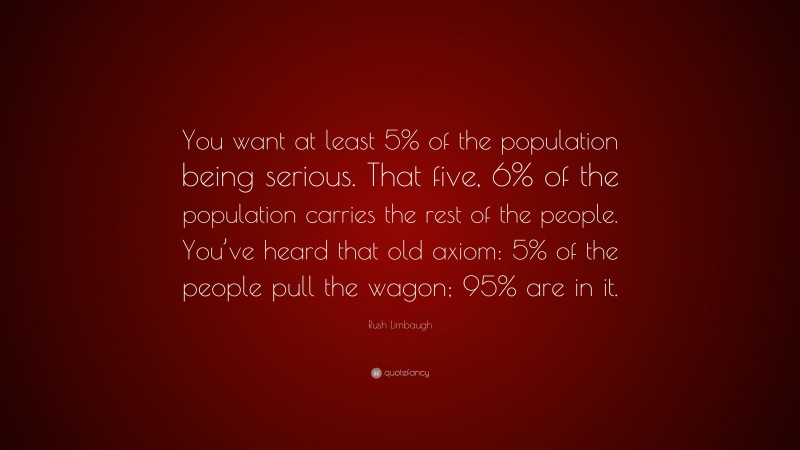 Rush Limbaugh Quote: “You want at least 5% of the population being serious. That five, 6% of the population carries the rest of the people. You’ve heard that old axiom: 5% of the people pull the wagon; 95% are in it.”