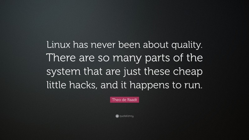 Theo de Raadt Quote: “Linux has never been about quality. There are so many parts of the system that are just these cheap little hacks, and it happens to run.”