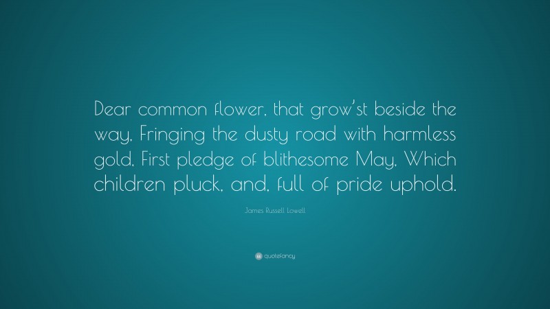 James Russell Lowell Quote: “Dear common flower, that grow’st beside the way, Fringing the dusty road with harmless gold, First pledge of blithesome May, Which children pluck, and, full of pride uphold.”