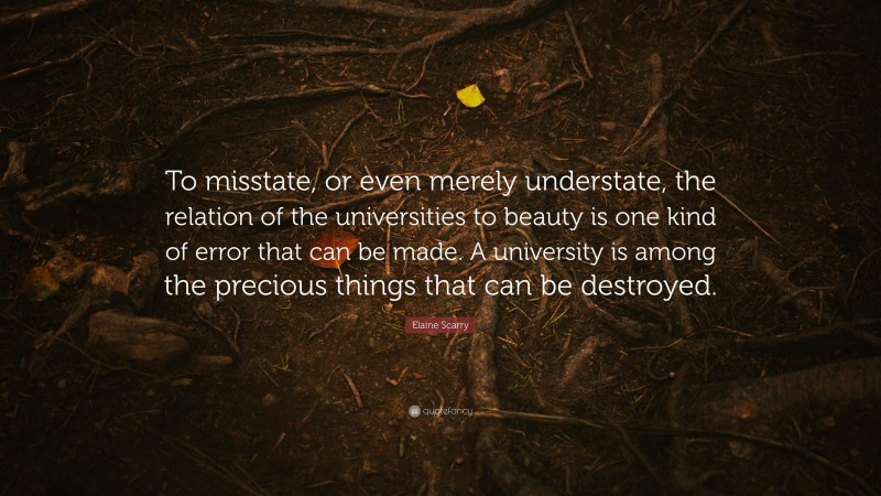 Elaine Scarry Quote: “To misstate, or even merely understate, the relation of the universities to beauty is one kind of error that can be made. A university is among the precious things that can be destroyed.”