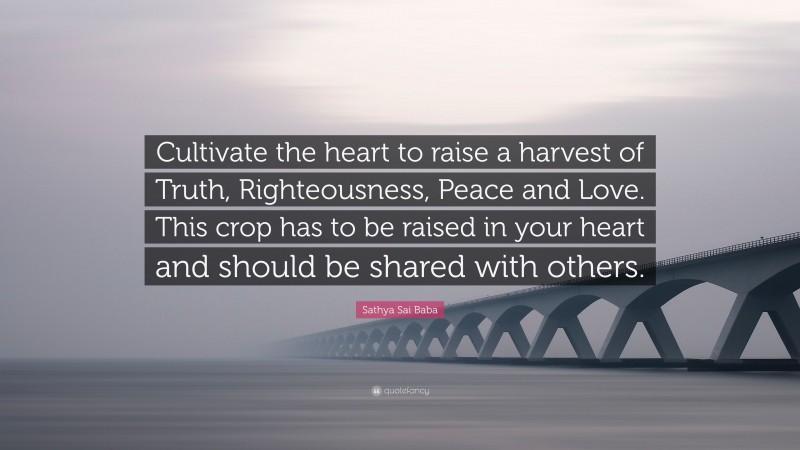 Sathya Sai Baba Quote: “Cultivate the heart to raise a harvest of Truth, Righteousness, Peace and Love. This crop has to be raised in your heart and should be shared with others.”