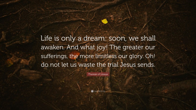 Therese of Lisieux Quote: “Life is only a dream: soon, we shall awaken. And what joy! The greater our sufferings, the more limitless our glory. Oh! do not let us waste the trial Jesus sends.”
