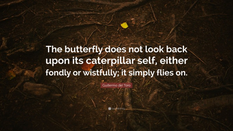 Guillermo del Toro Quote: “The butterfly does not look back upon its caterpillar self, either fondly or wistfully; it simply flies on.”