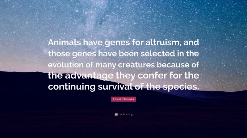 Lewis Thomas Quote: “Animals have genes for altruism, and those genes have been selected in the evolution of many creatures because of the advantage they confer for the continuing survival of the species.”