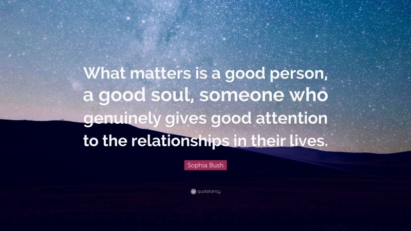 Sophia Bush Quote: “What matters is a good person, a good soul, someone who genuinely gives good attention to the relationships in their lives.”
