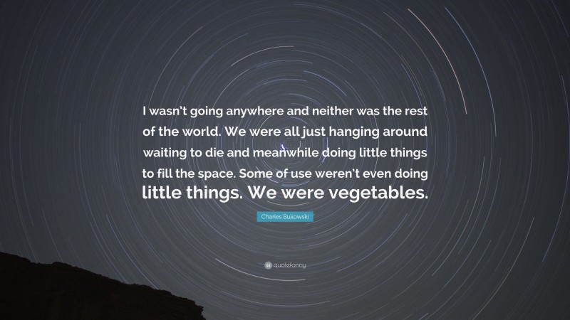 Charles Bukowski Quote: “I wasn’t going anywhere and neither was the rest of the world. We were all just hanging around waiting to die and meanwhile doing little things to fill the space. Some of use weren’t even doing little things. We were vegetables.”