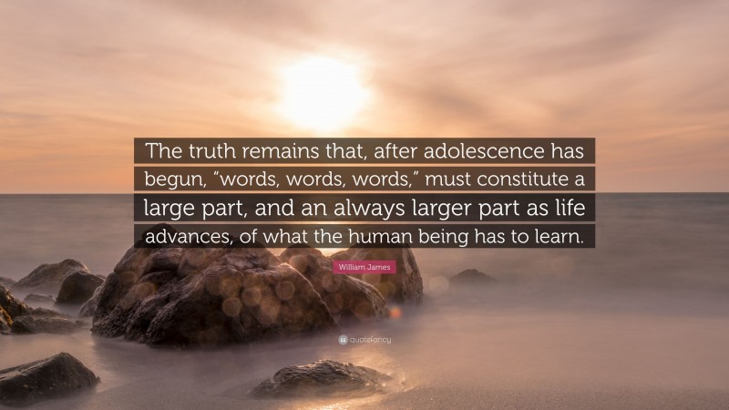 William James Quote: “The truth remains that, after adolescence has begun, “words, words, words,” must constitute a large part, and an always larger part as life advances, of what the human being has to learn.”