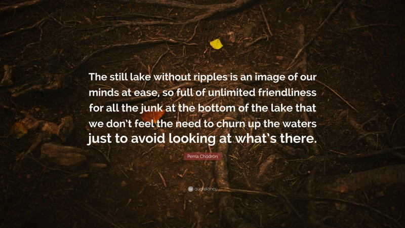 Pema Chödrön Quote: “The still lake without ripples is an image of our minds at ease, so full of unlimited friendliness for all the junk at the bottom of the lake that we don’t feel the need to churn up the waters just to avoid looking at what’s there.”