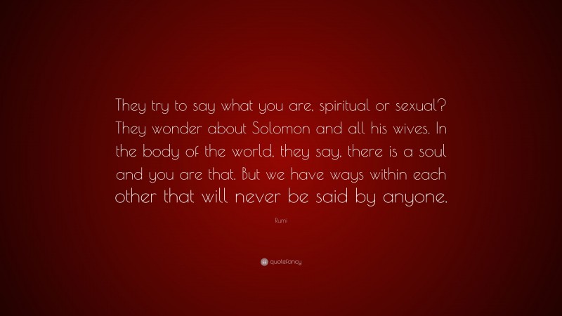 Rumi Quote: “They try to say what you are, spiritual or sexual? They wonder about Solomon and all his wives. In the body of the world, they say, there is a soul and you are that. But we have ways within each other that will never be said by anyone.”