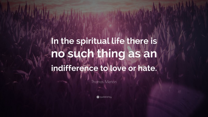 Thomas Merton Quote: “In the spiritual life there is no such thing as an indifference to love or hate.”