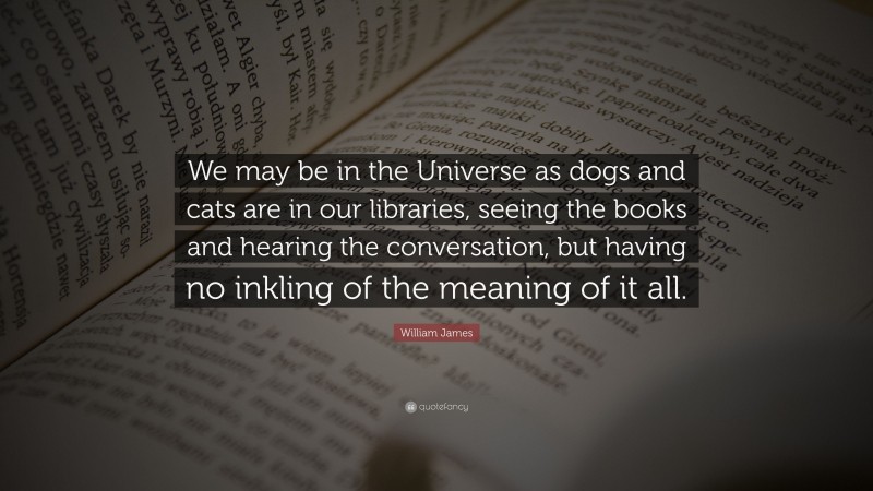 William James Quote: “We may be in the Universe as dogs and cats are in our libraries, seeing the books and hearing the conversation, but having no inkling of the meaning of it all.”
